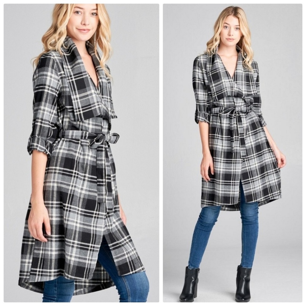 PLUS SIZE Black & Grey Plaid Midi Duster Blazer